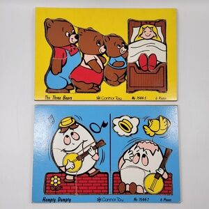 VTG Connor Toys The Three Bears & Humpty Dumpty Wood Tray Inlay Puzzle Lot 1979